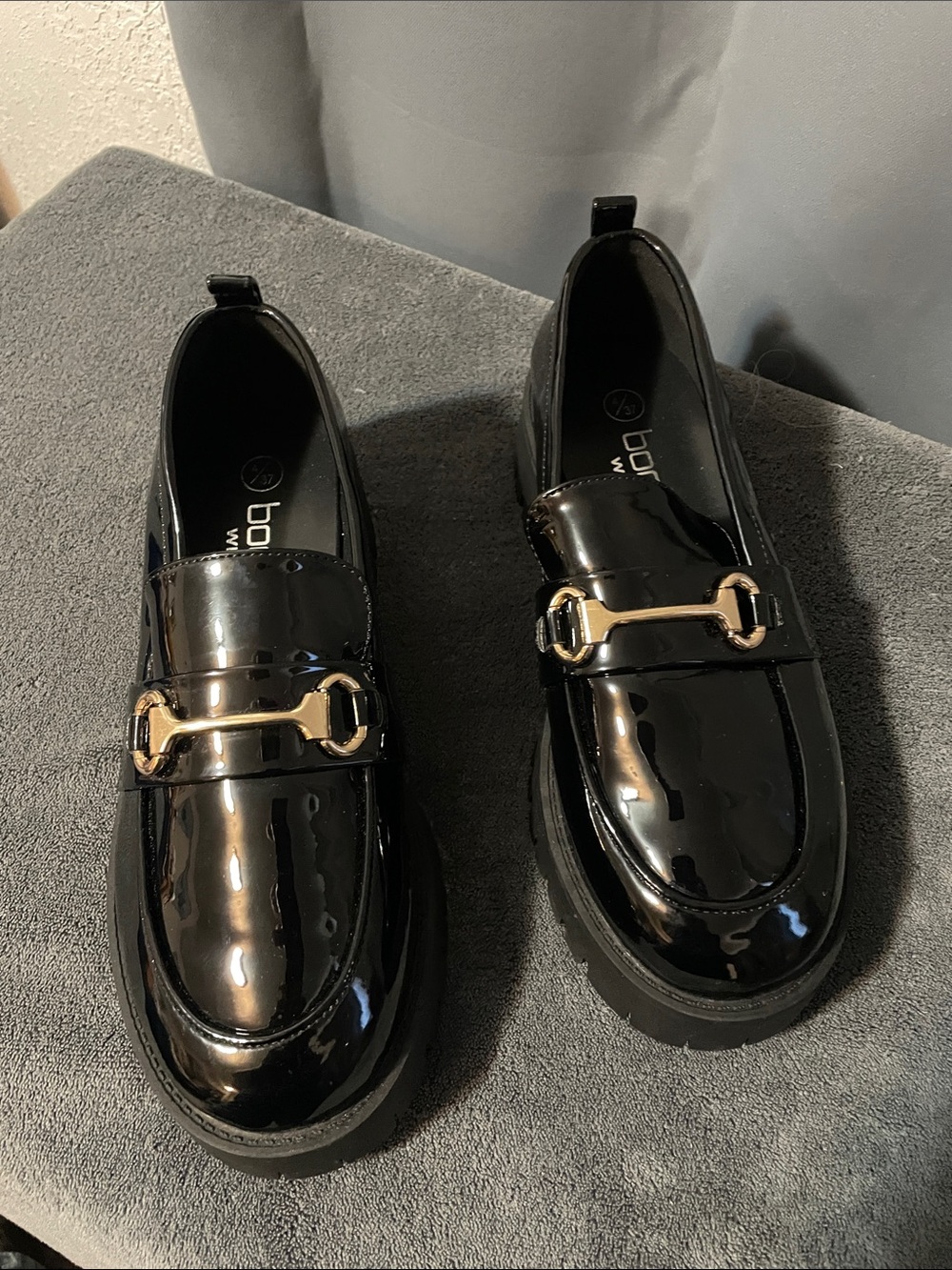 Boohoo Black Patent Loafers with Gold Buckle Detail
